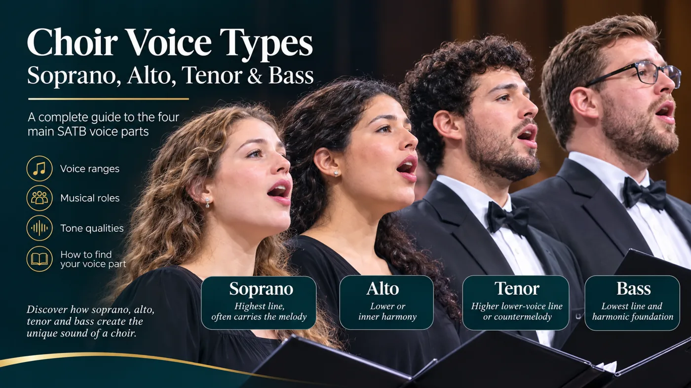 Choir voice types soprano alto tenor and bass explained in an SATB choir
