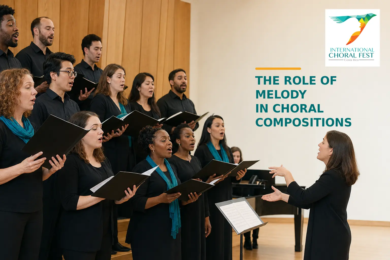 Mixed choir and conductor demonstrating the role of melody in choral compositions at Choral Fest Costa Rica.
