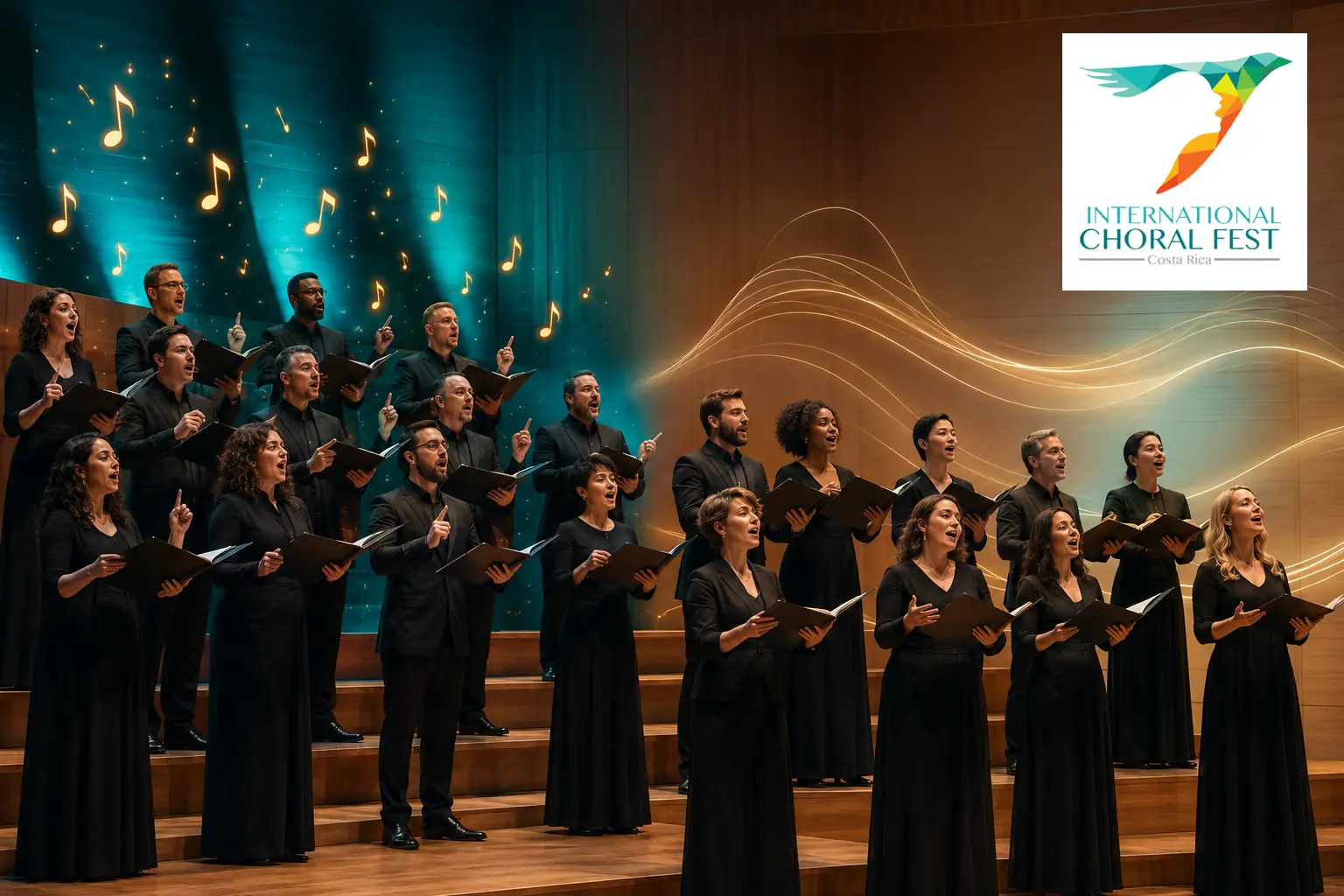 Mixed choir demonstrating contrasting staccato and legato musical techniques at Choral Fest Costa Rica.