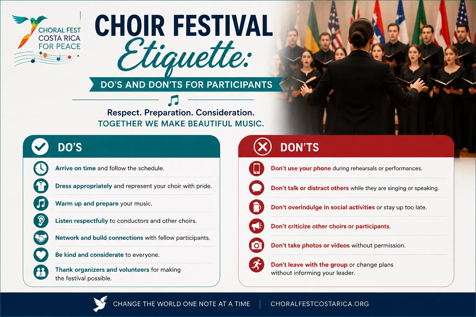 Choir festival etiquette infographic showing do’s and don’ts for participants at an international choral event