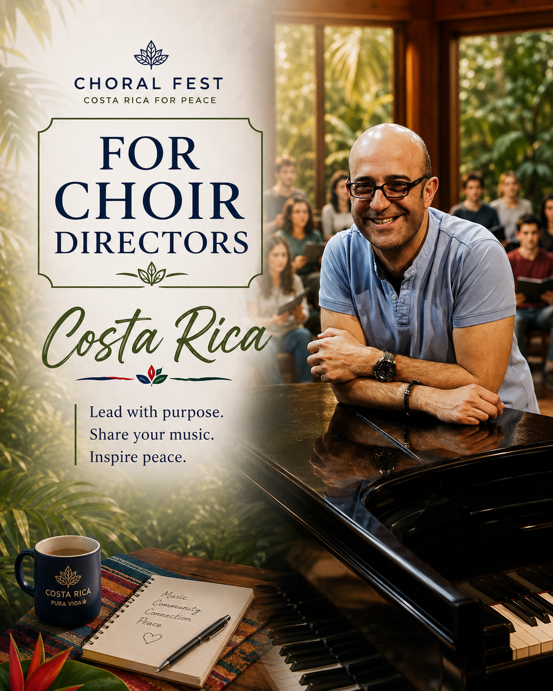 Choir director at a piano leading an international choral experience for Choral Fest Costa Rica for Peace 2027.