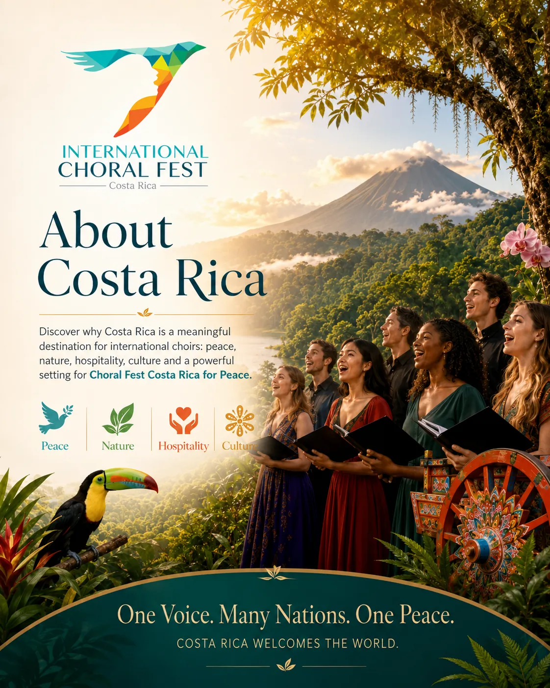 About Costa Rica image for Choral Fest Costa Rica for Peace, featuring international choir singers, Costa Rican nature, peace, culture and hospitality.