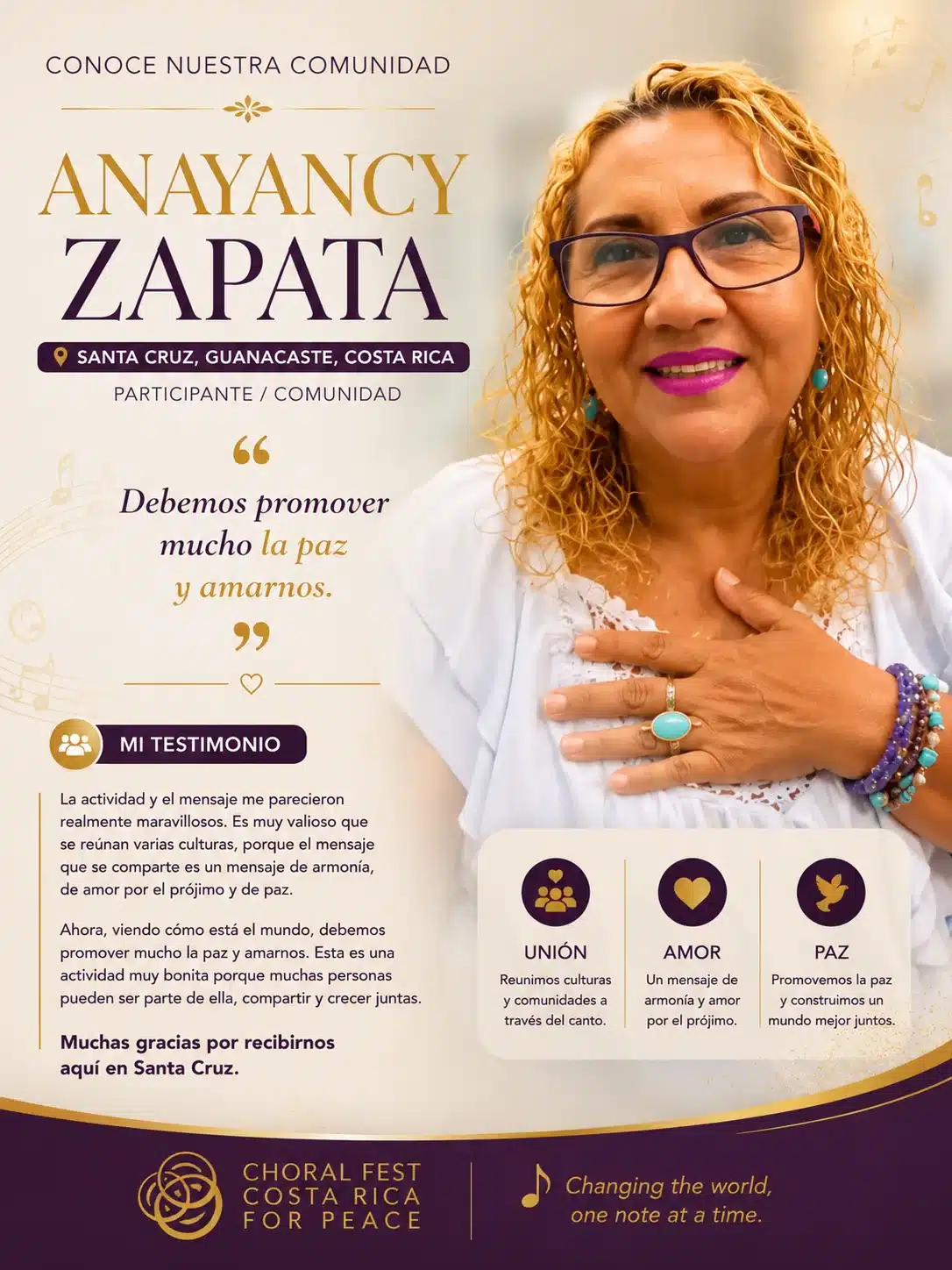 anayancy_zapata_poster_optimized Anayancy Zapata compartiendo su testimonio sobre paz, unión y convivencia durante Choral Fest Costa Rica for Peace en Santa Cruz, Guanacaste.