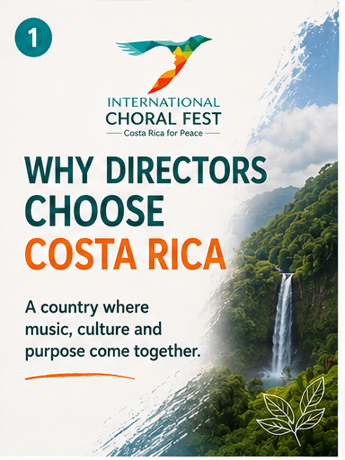 Promotional image explaining why choir directors choose Choral Fest Costa Rica for Peace, featuring a choir performing in a non-competitive international festival setting.