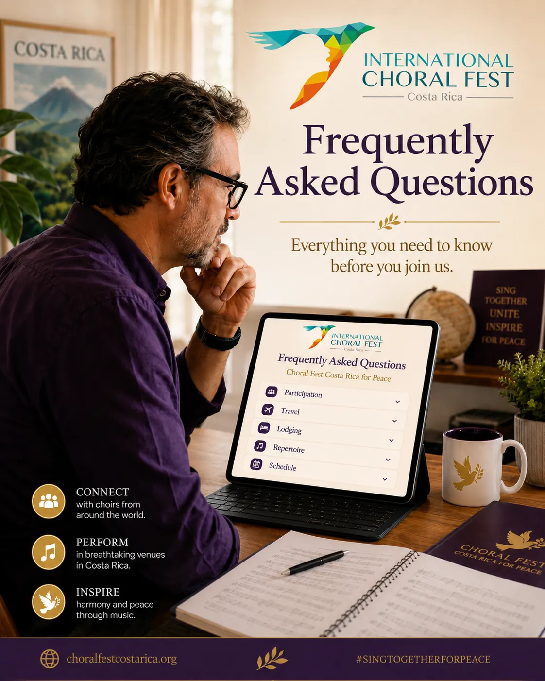 Choir director reviewing frequently asked questions about Choral Fest Costa Rica for Peace on a tablet in a warm office setting.