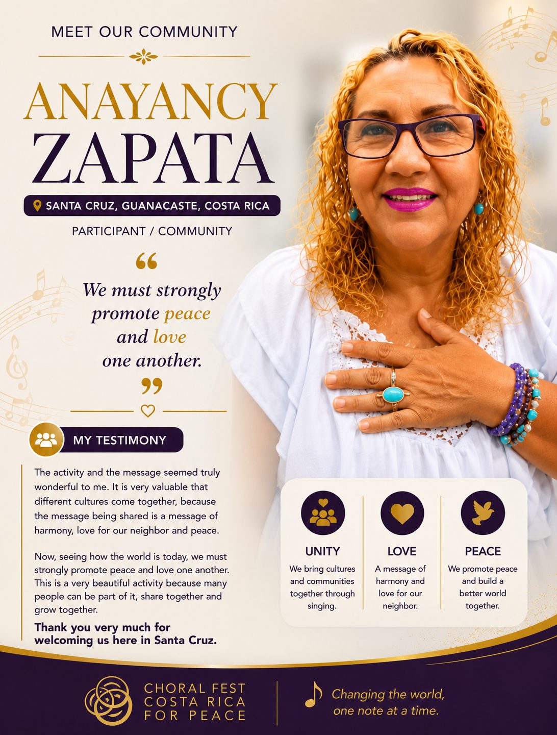 anayancy-zapata-testimonial-choral-fest-costa-rica-for-peace.jpg Anayancy Zapata from Santa Cruz, Guanacaste, shares a community testimonial about promoting peace, love and unity through Choral Fest Costa Rica for Peace.