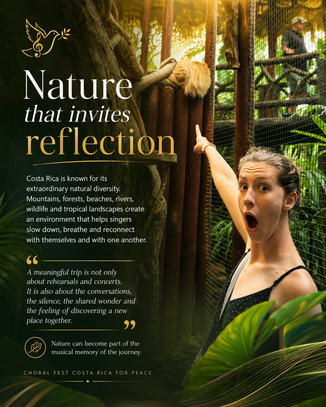 Traveler experiencing Costa Rica’s wildlife and tropical nature, featured in an About Costa Rica image for Choral Fest Costa Rica for Peace.