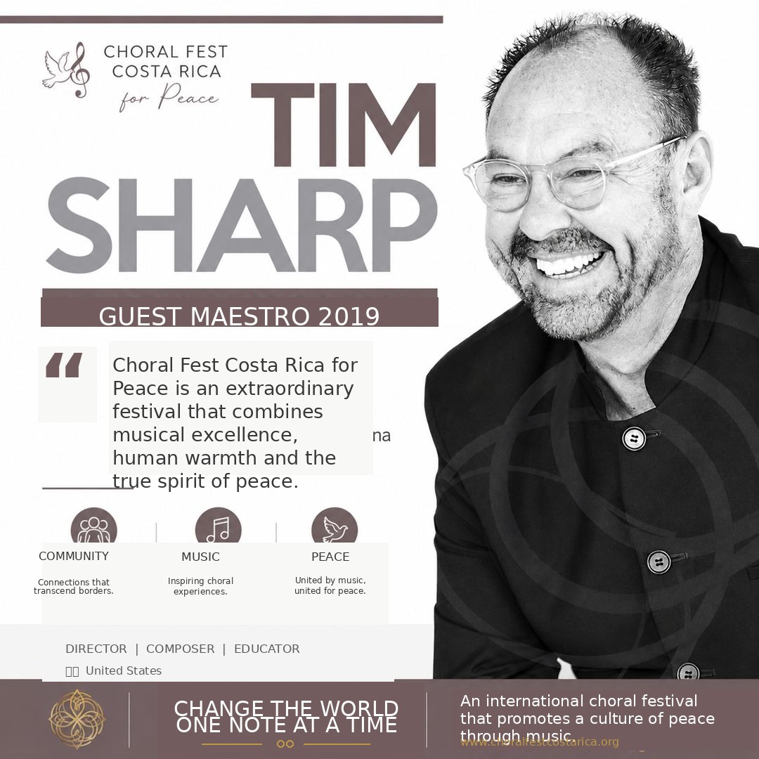 tim_sharp_english_testimonial Tim Sharp, guest maestro of Choral Fest Costa Rica for Peace 2019, smiling beside a testimonial about musical excellence, human warmth and peace through choral music.
