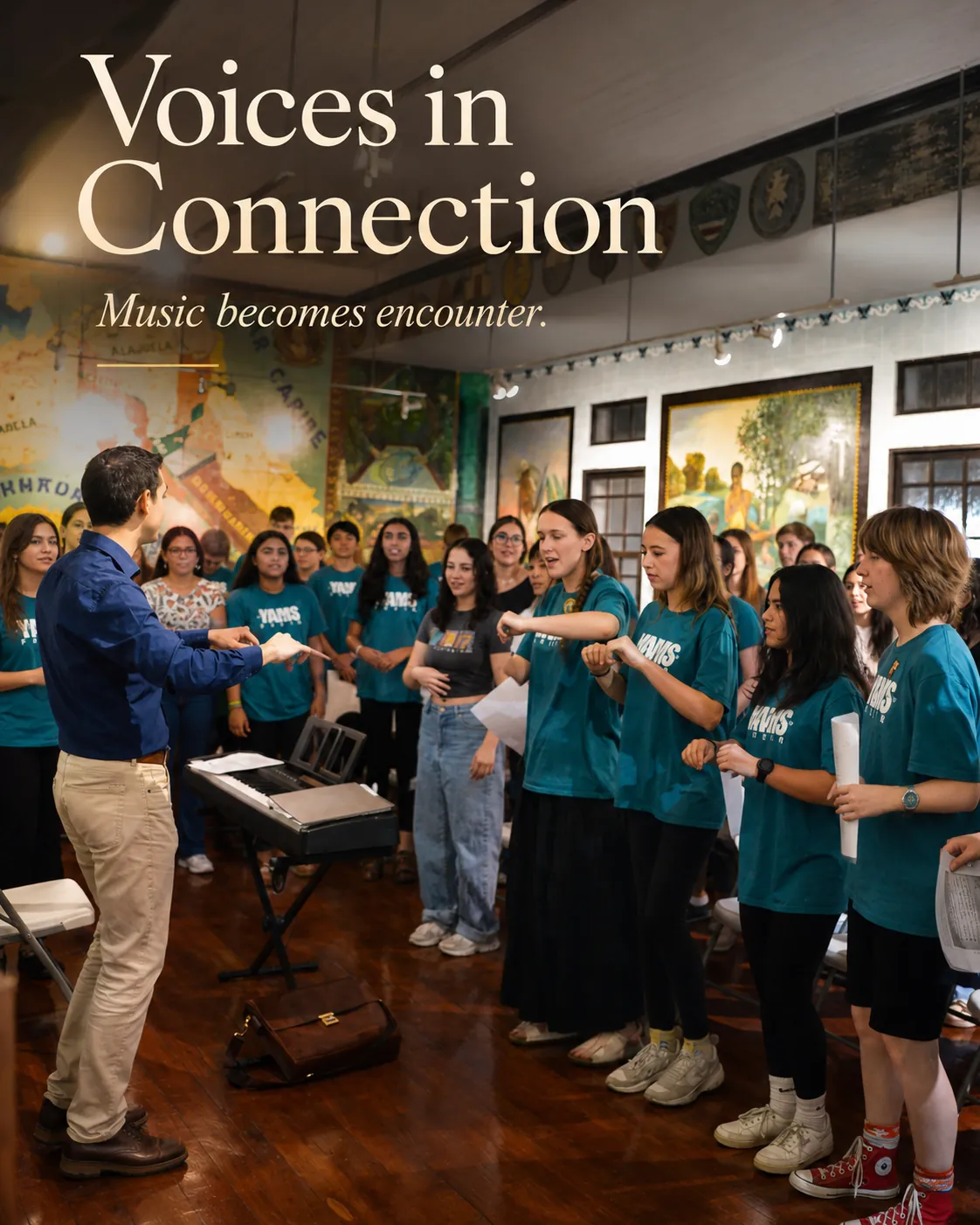 Choir rehearsal and shared singing moment during Choral Fest Costa Rica for Peace, featured on the Frequently Asked Questions page.