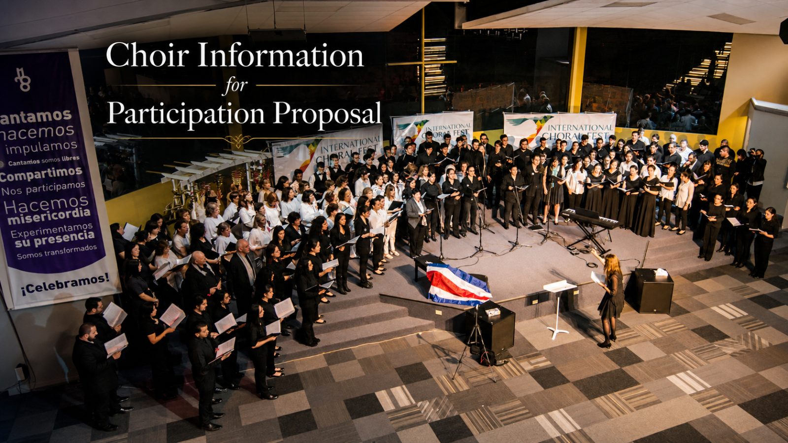 Large choir performing at the International Choral Fest Costa Rica for Peace, with singers gathered on stage under the direction of a conductor.