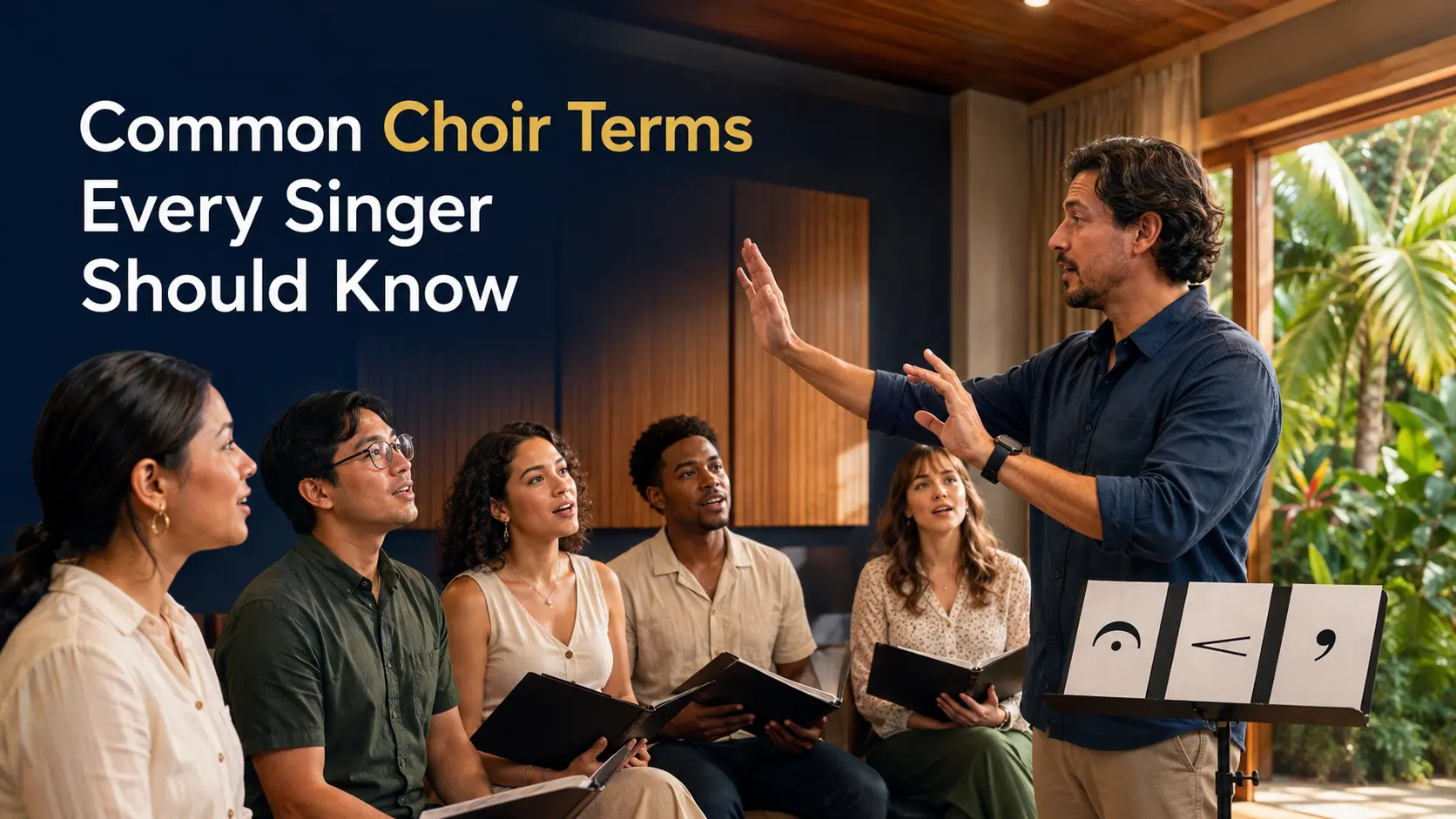 Choir director teaching common musical terms and conducting symbols to singers
