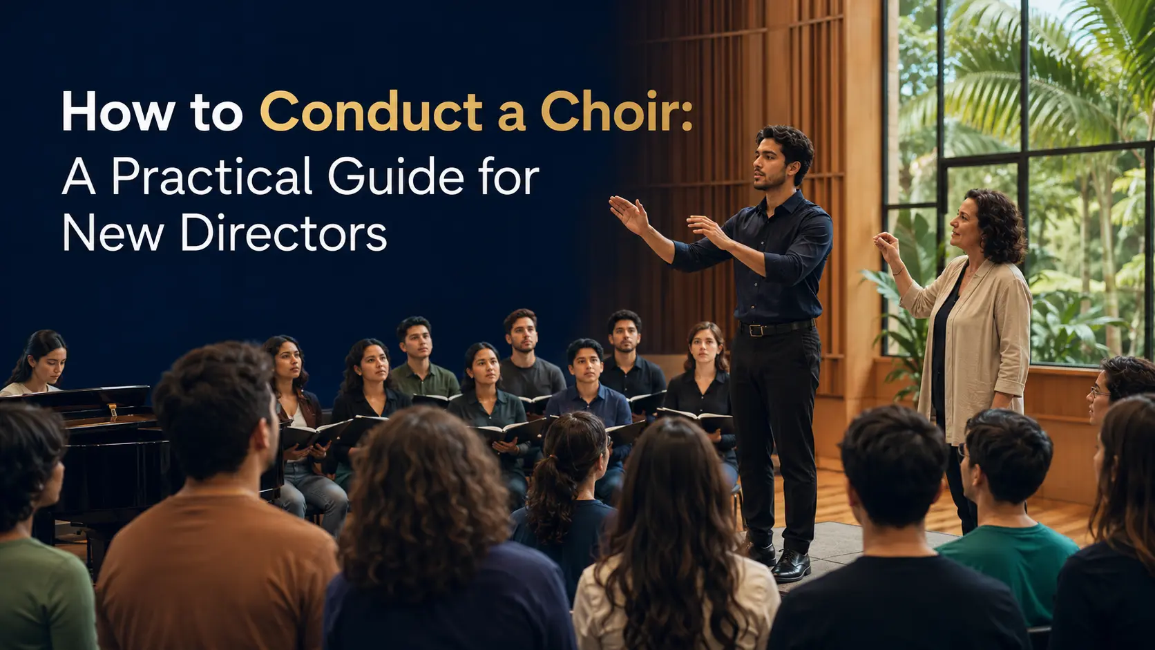 New choir director practicing conducting gestures with a choir and experienced mentor