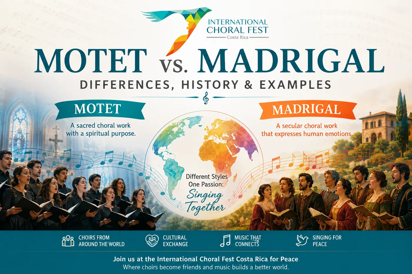 Motet vs madrigal comparison showing sacred and secular choral traditions, history and examples